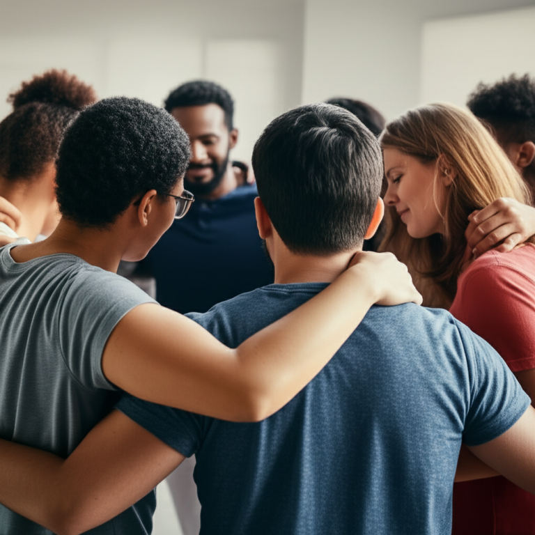 Reconciliação e Amor Radical Grupo de pessoas abraçando-se em sinal de reconciliação