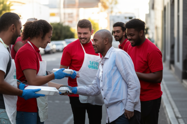 Amor em Ação Voluntários servindo refeições para pessoas carentes