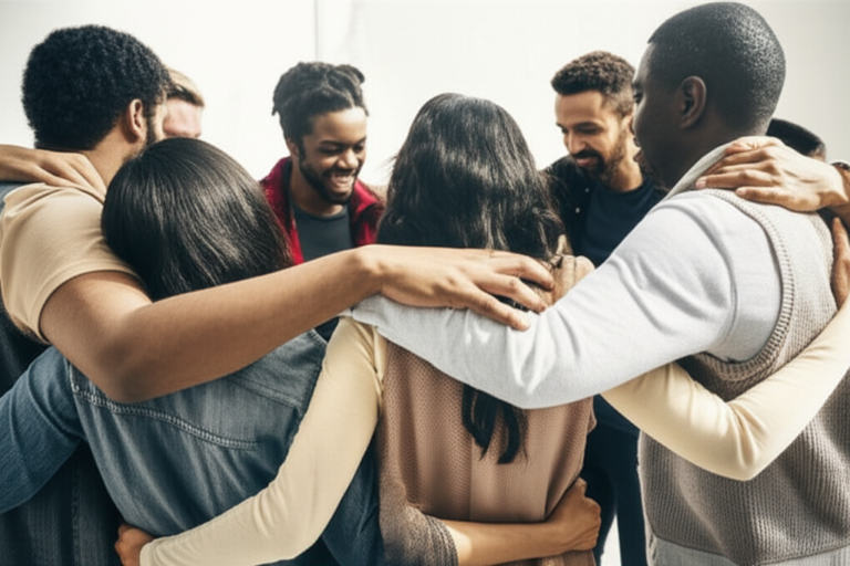 Empatia e Conexão Humana Pessoas de diferentes culturas se abraçando
