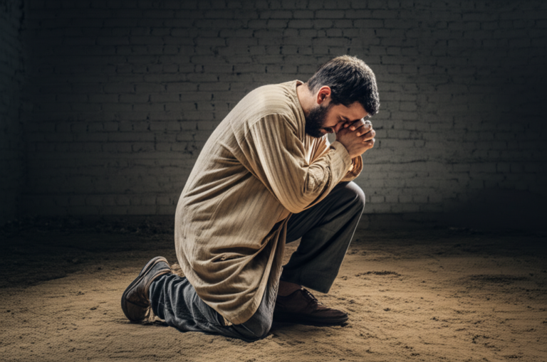 Discipulado Radical e Oração Homem orando em ambiente simples, representando a renúncia e o foco em Deus.