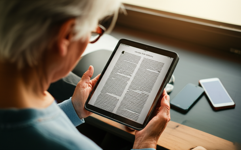 Pessoa lendo Bíblia em Tablet com fundo desfocado de outros dispositivos