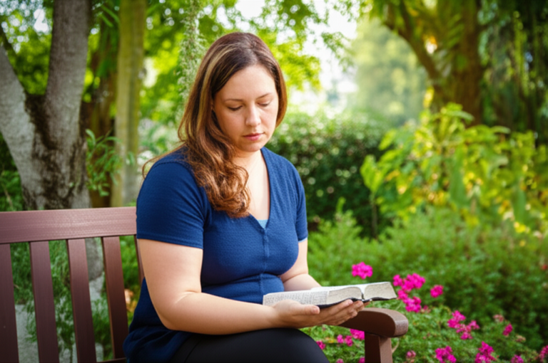 Cultivando a Fé Diária Mulher lendo a Bíblia em um jardim tranquilo