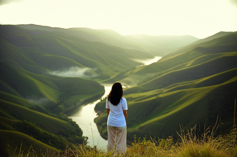 Esperança e Paz no Evangelho Uma pessoa encontrando paz e tranquilidade em meio à natureza.