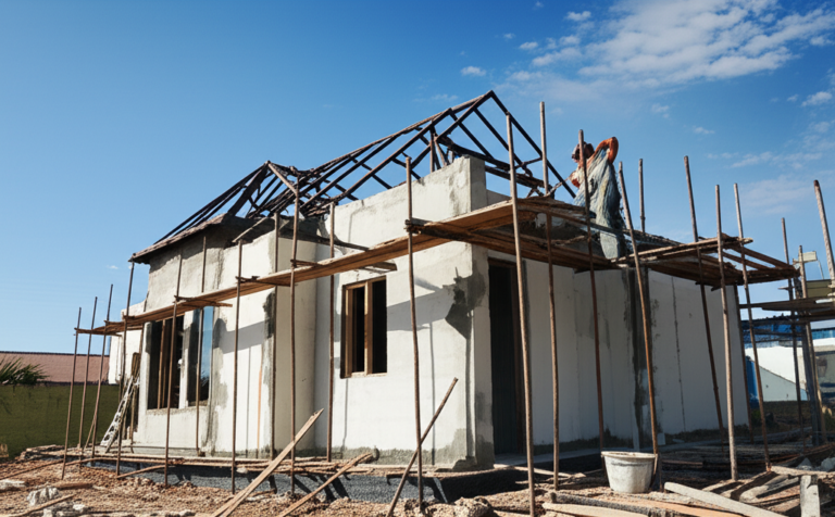 Reconstruindo a Fé Casa sendo reconstruída com ferramentas e plantas ao redor.