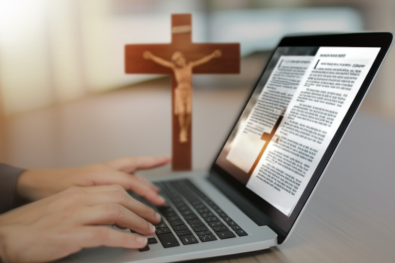 Mãos digitando em um laptop com símbolo cristão sutil