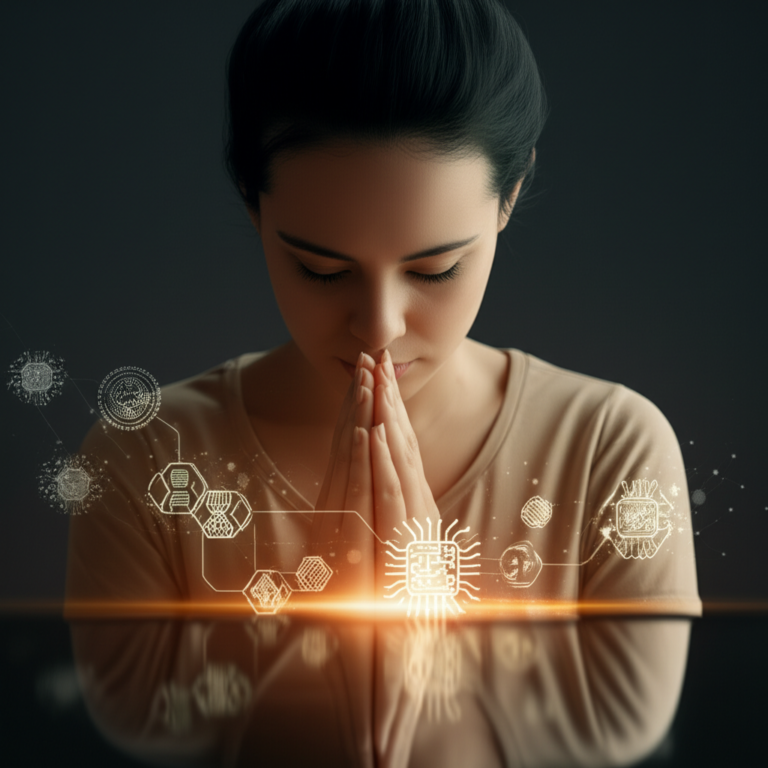 Evangelho e IA: Disseminação Digital da Fé Pessoa orando em frente a uma tela com ícones de inteligência artificial.