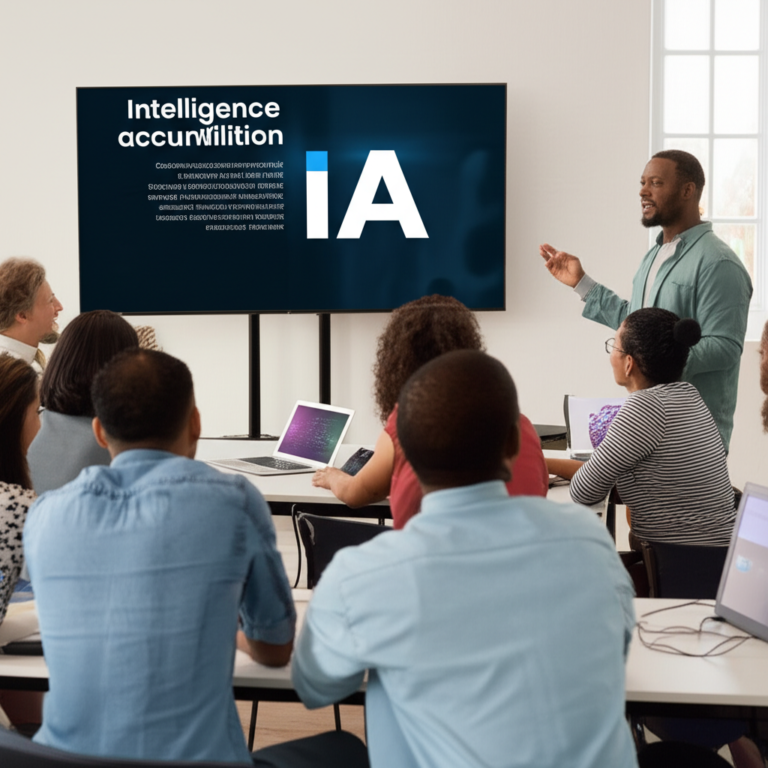 Preparando a Igreja para o Futuro Digital Grupo diverso de pessoas aprendendo sobre tecnologia em um ambiente colaborativo.