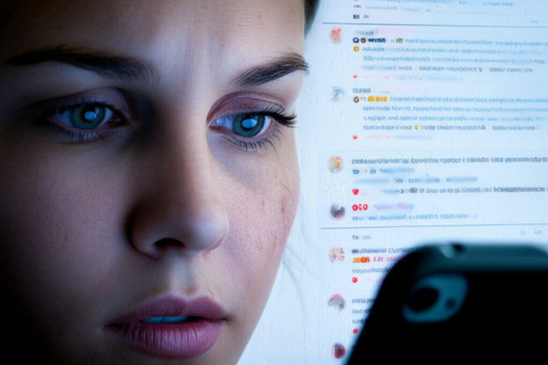 Impacto da Cultura do Cancelamento Pessoa observando rede social com expressão preocupada