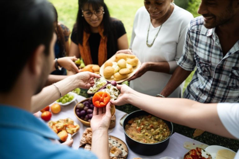 Generosidade e Abundância Pessoas compartilhando alimentos e recursos.