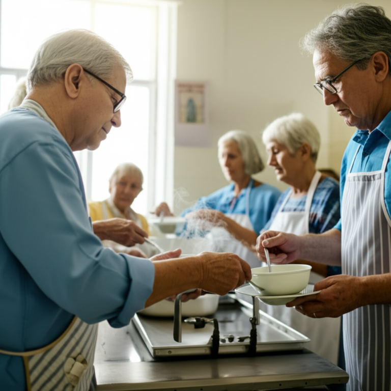 Serviço ao Próximo Voluntários servindo sopa em um refeitório.