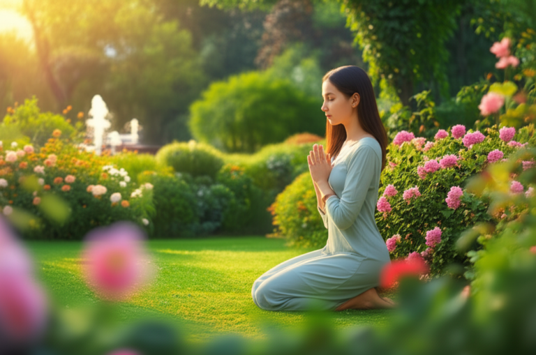 Mulher orando em um jardim tranquilo