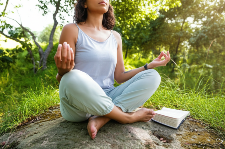 Pessoa meditando na natureza com uma Bíblia ao lado