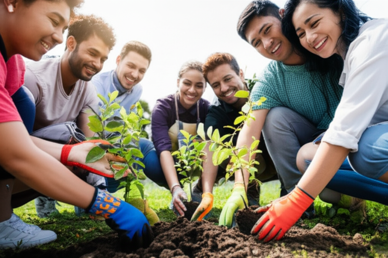 Mordomia da Criação: Plantando o Futuro Pessoas plantando árvores juntas, representando a mordomia da criação