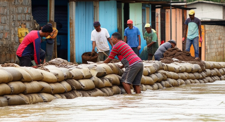 Fortalecendo a Resiliência Climática Comunidade local construindo barreiras de proteção contra enchentes