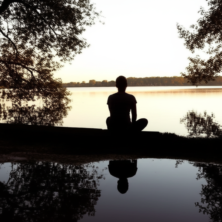 Pessoa refletindo à beira de um lago, buscando autoconhecimento.
