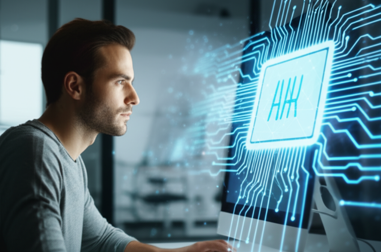 Algoritmos e a experiência online Pessoa olhando para tela de computador com algoritmos visíveis