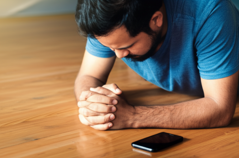 Orando na era digital Pessoa orando com um smartphone próximo