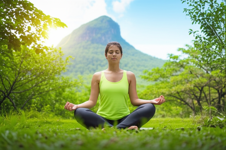 Meditação e Natureza: Conexão Espiritual Pessoa meditando em meio à natureza, com luz suave.