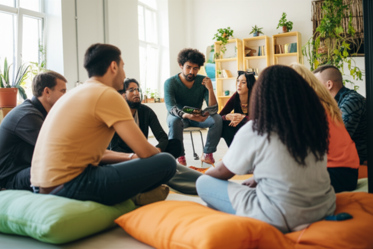 Storytelling e a Nova Geração Jovens reunidos ouvindo uma história em um ambiente acolhedor.