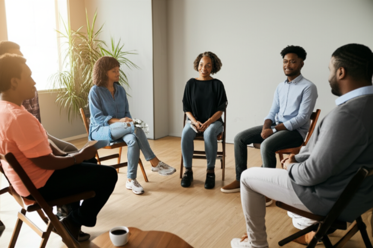 Comunidade e Storytelling Pessoas reunidas compartilhando histórias e experiências de fé.