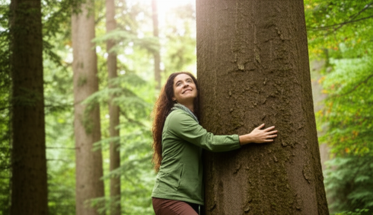 Pessoa sorrindo e abraçando uma árvore em uma floresta tranquila.