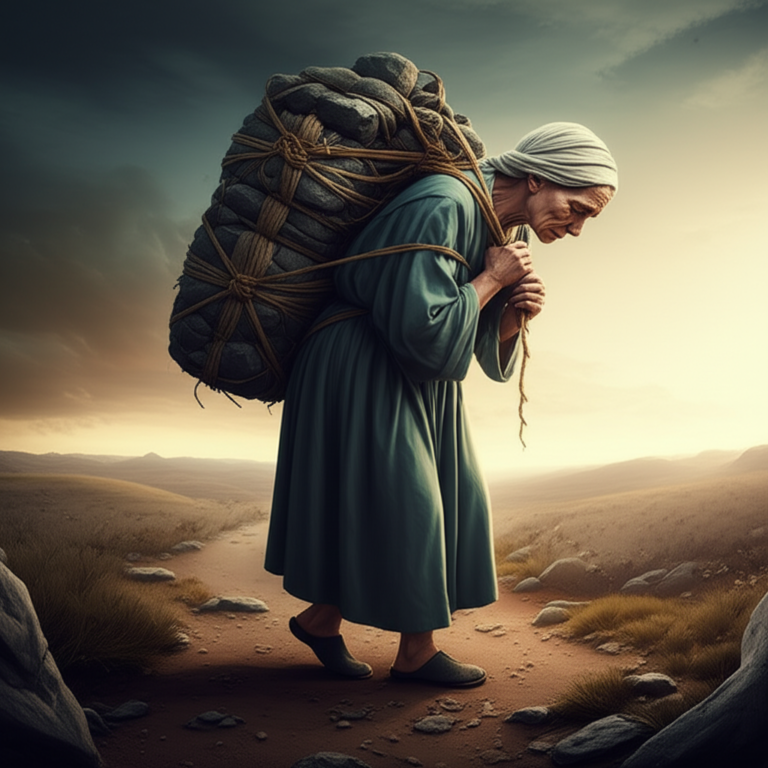 O Peso da Dívida Espiritual Pessoa carregando um fardo pesado nas costas.