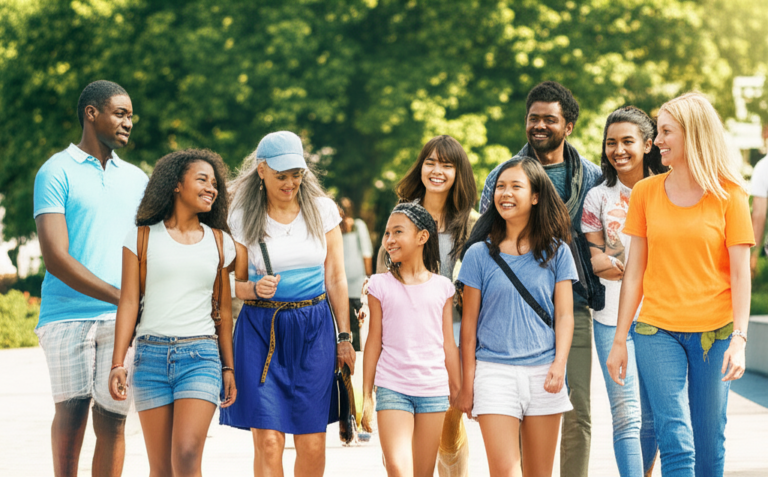 Inclusão e Diversidade na Comunidade Grupo diverso de pessoas sorrindo e se abraçando