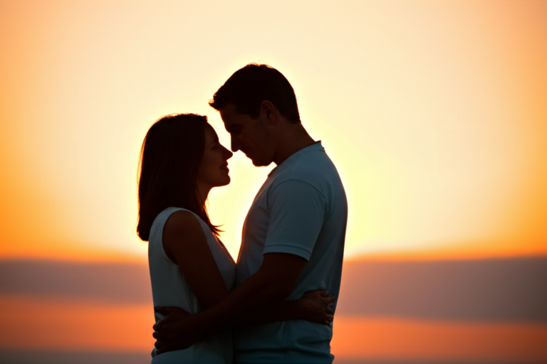 Amor e Gratidão Casal sorrindo e se abraçando em um pôr do sol