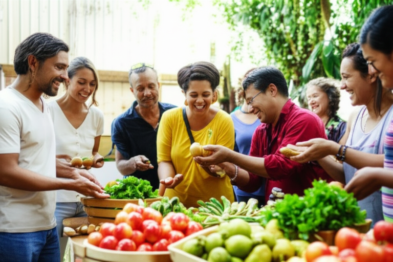 Abundância Através da Partilha Pessoas compartilhando alimentos em uma comunidade, simbolizando abundância