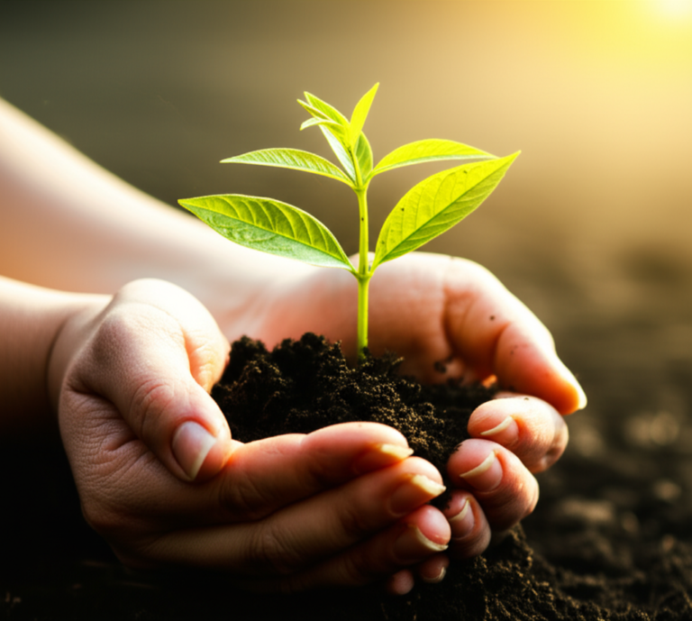 Plantando Sementes de Esperança Mãos segurando uma muda de planta, simbolizando crescimento e esperança
