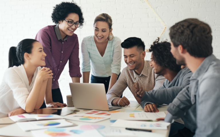 Trabalho em Equipe com Propósito Pessoas trabalhando em equipe com sorrisos